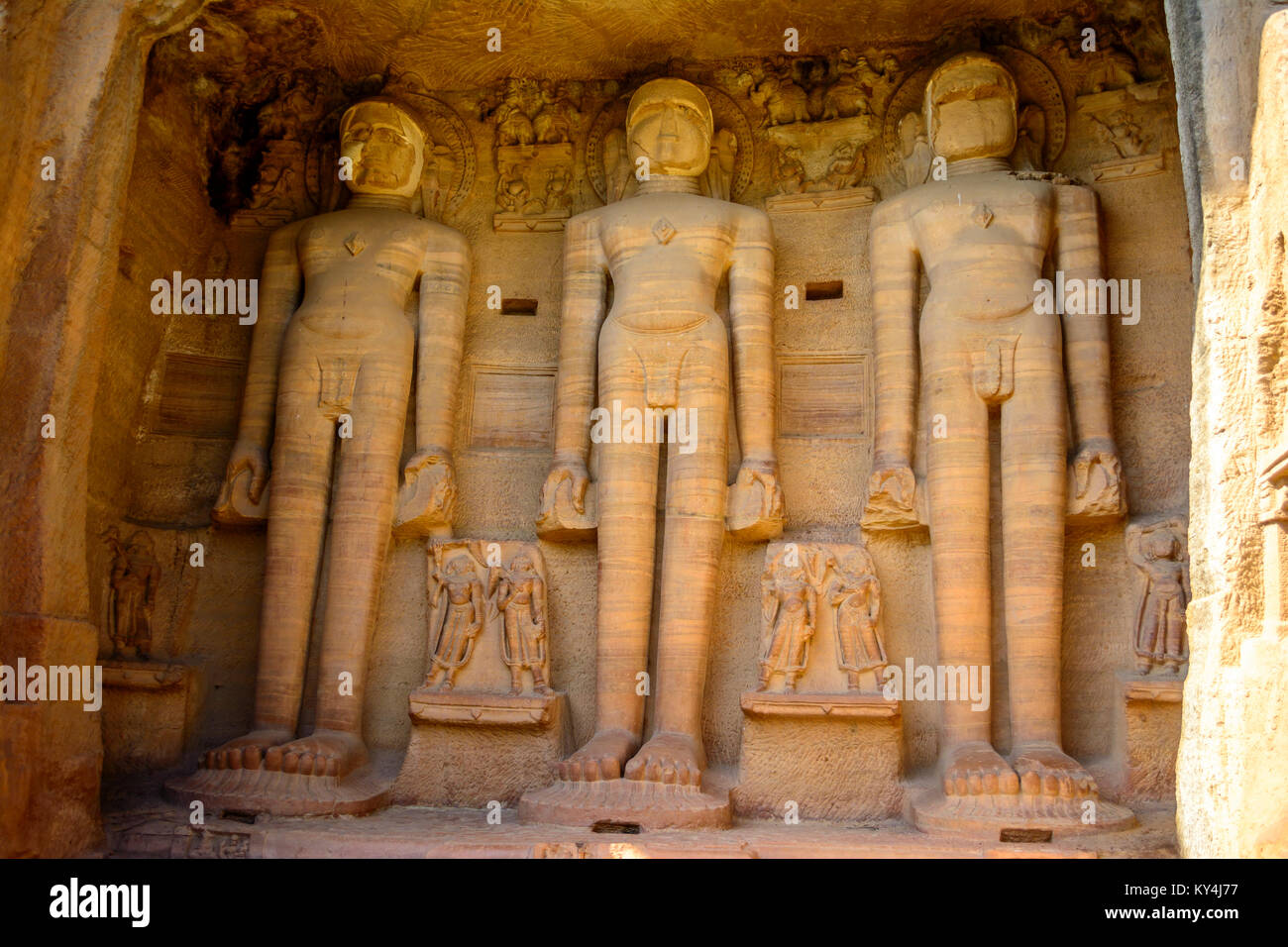 Ancient broken Buddha statues in the Rock of Gwalior / India Stock