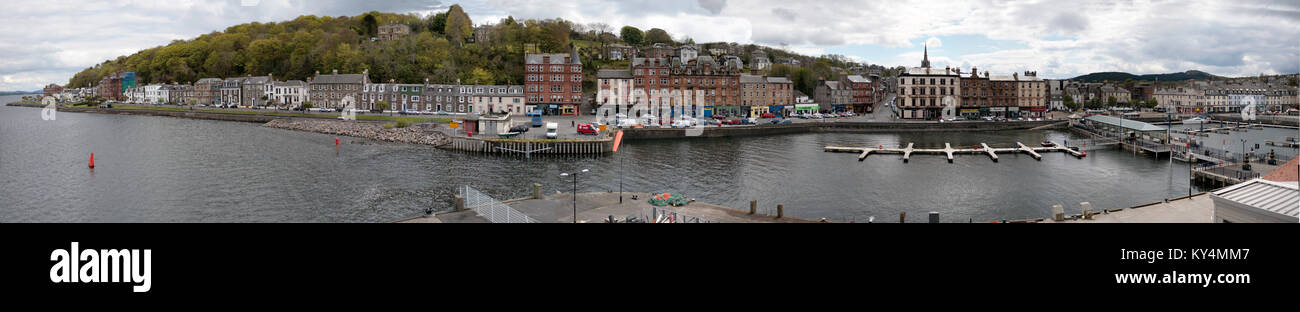 panorama Rothesay harbour bay,,isle of Bute  mount stuart road to victoria street street view from the sea ferry of the island United Kingdom Stock Photo