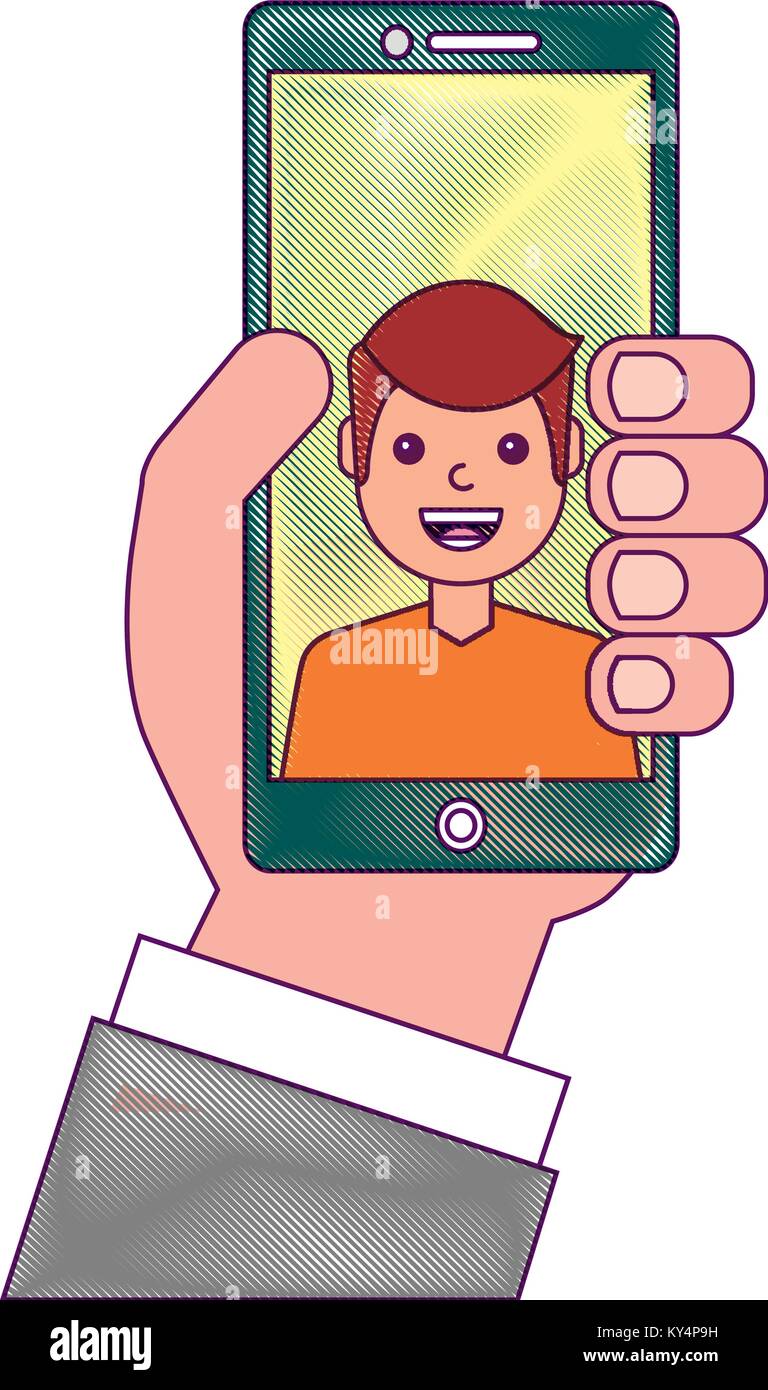 hand holding phone with man on screen talking vector illustration ...