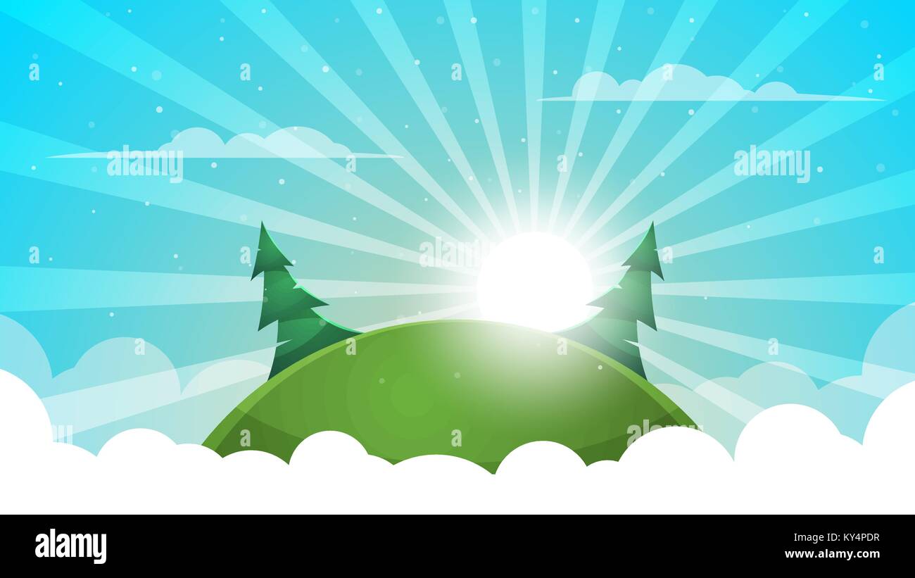 Cartoon Landscape Abstract Illustration Sun Ray Glare Hill Fir Cloud Stock Vector Image Art Alamy
