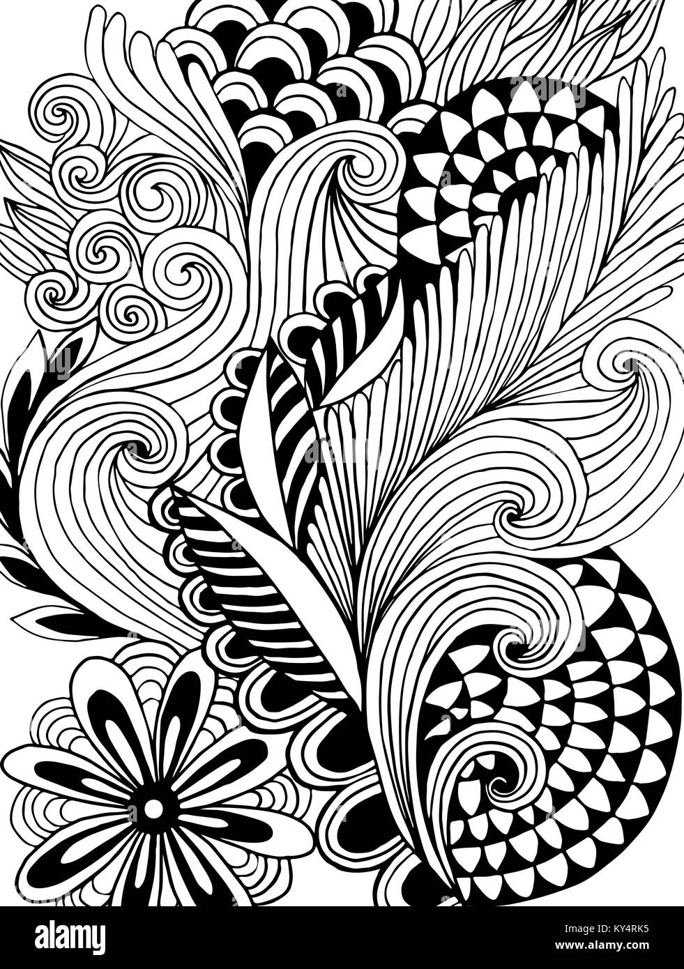 astract hand-drawn leafy doodle pattern in black and white. vector ...