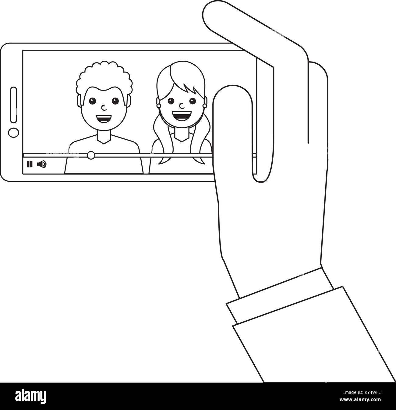 young couple happy in smartphone avatar character vector illustration design Stock Vector