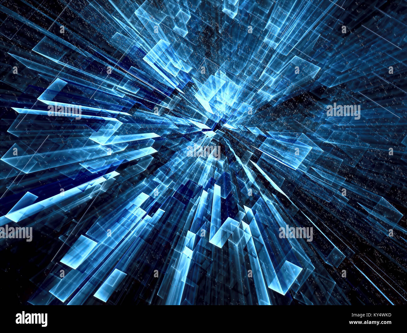 Dark blue background - abstract computer-generated image. Digital art - perspective, light effects and glowing dots. For virtual reality, tech industr Stock Photo