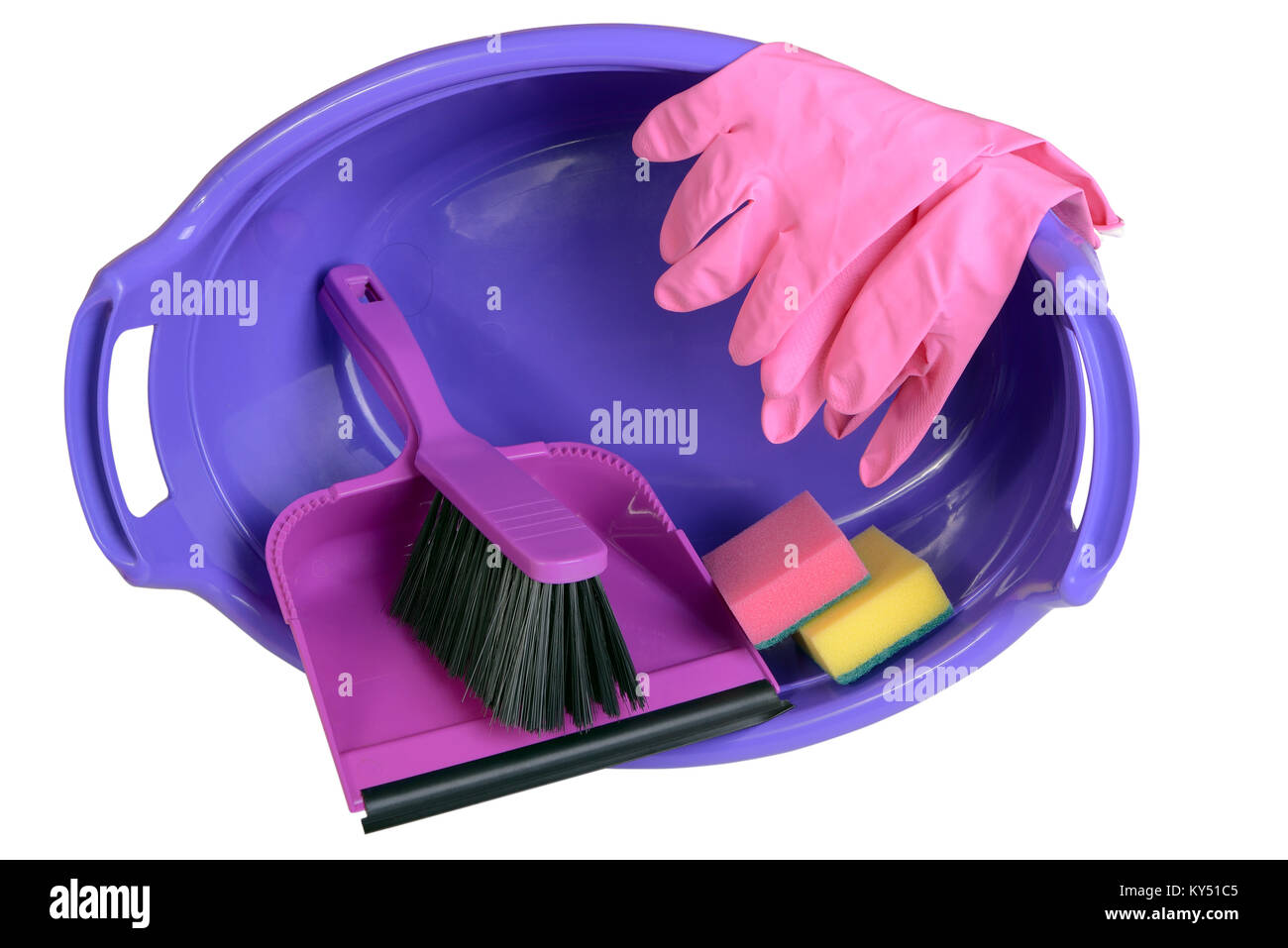 Sponges, rag for cleaning, rubber gloves, dustpan and hand brush in plastic basin, isolated on white Stock Photo