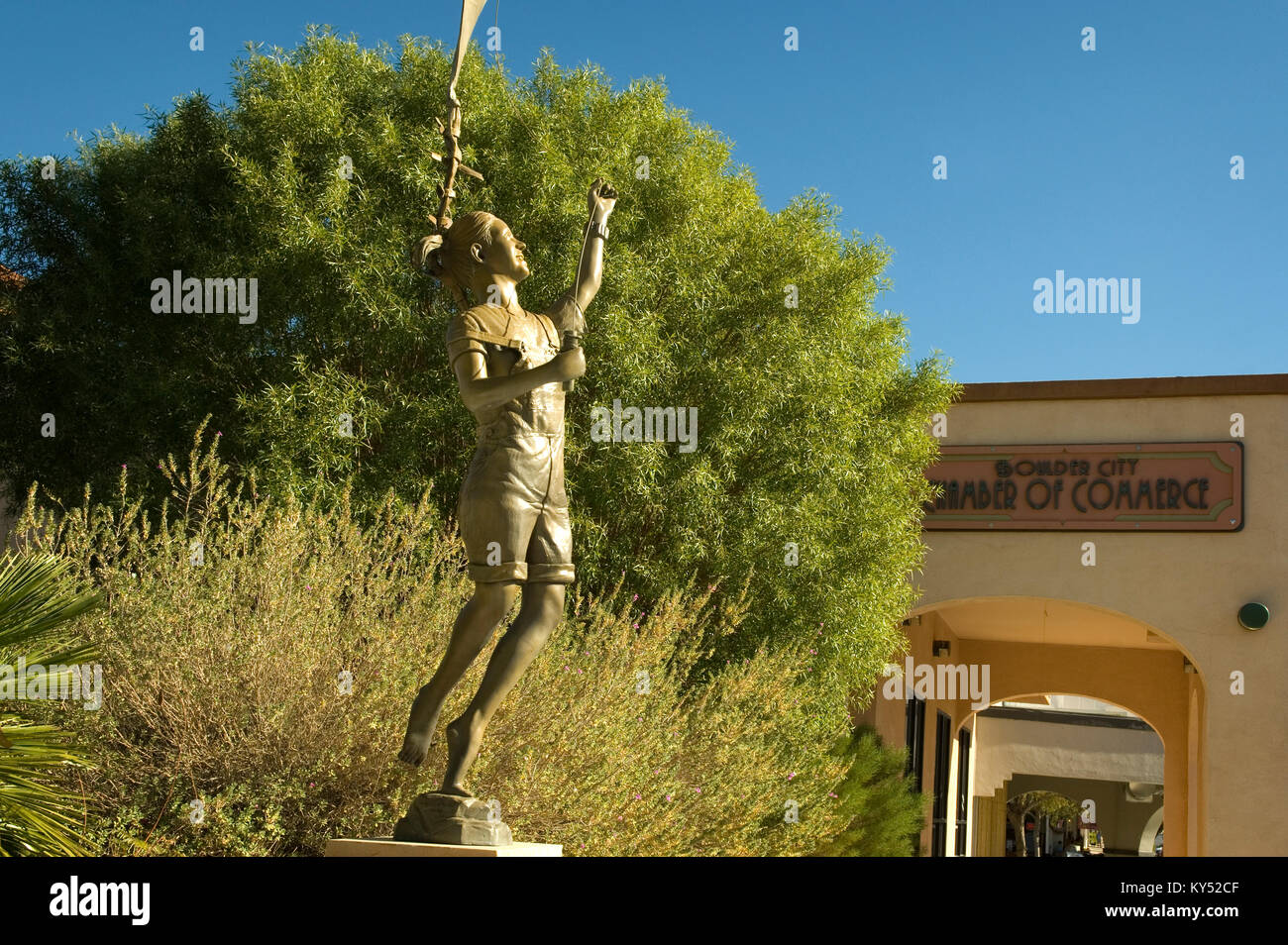 Boulder City Chamber of Commerce with Catching the Wind sculpture by Gregory Johnson at Boulder City, Nevada, USA. Stock Photo