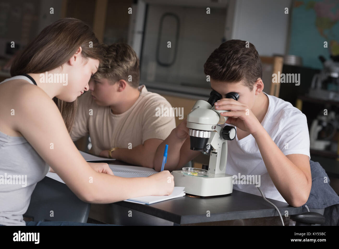College students experimenting on microscope in laboratory Stock Photo