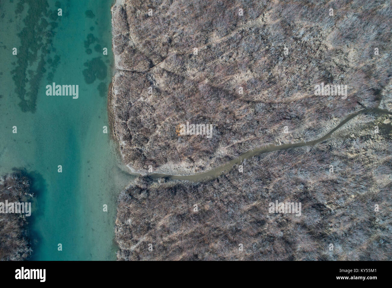 Aerial of rocky coast and river Stock Photo