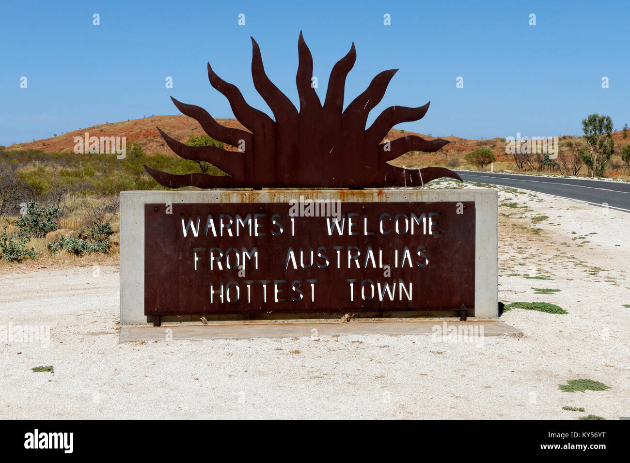 Warm welcome sign to the hottest town in Australia, Marble Bar, Pilbara, Western Australia Stock Photo