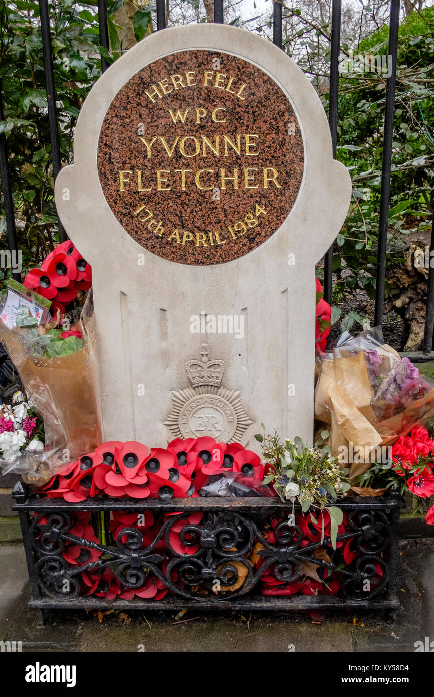 Memorial to WPC Yvonne Fletcher who was shot whilst policing a demonstration outside the Libyan Embassy in London in 1984. St. James's Square, London, Stock Photo