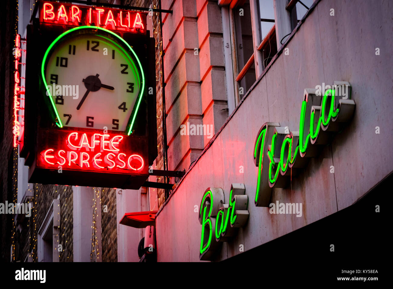 Neon sign above the famous Bar Italia cafe, Frith Street, Soho, London, UK. Stock Photo