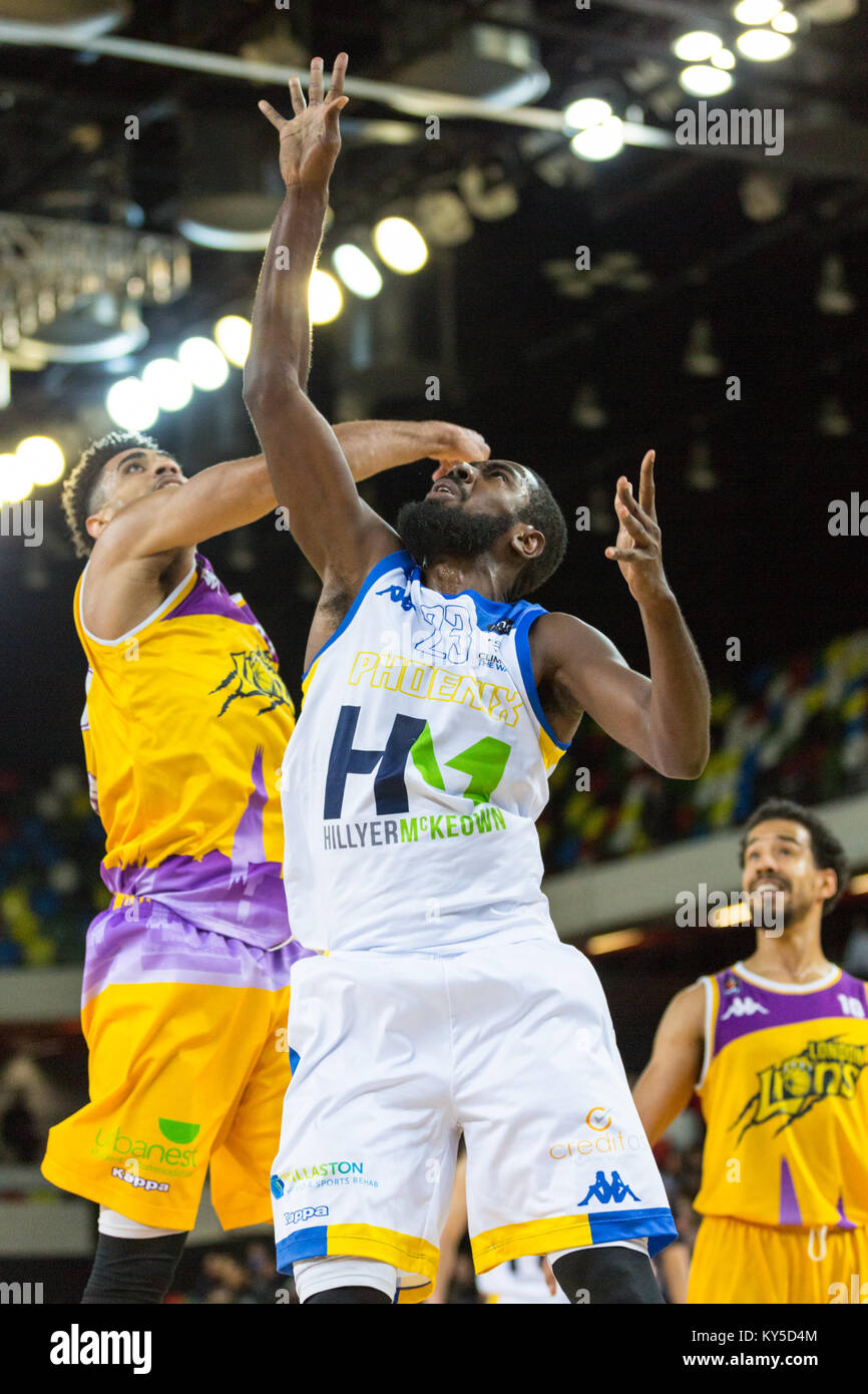 Copper Box Arena, London, 12th Jan 2018. Cheshire's Orlan Jackman under the basket. Tensions run high in the British Basketball League (BBL) Championship game between home team London Lions and guests Cheshire Phoenix. London Lions win 86-81. Credit: Imageplotter News and Sports/Alamy Live News Stock Photo