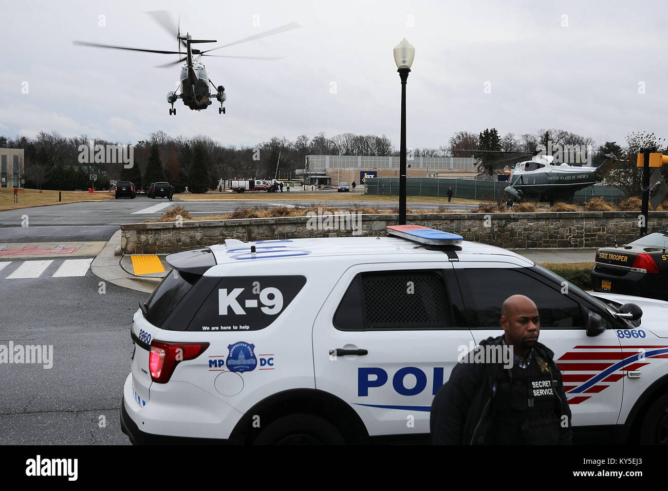 Bethesda, United States Of America. 12th Jan, 2018. With United States President Donald J. Trump on board, Marine One lifts off from Walter Reed National Military Medical Center following the president's annual physical examination January 12, 2018 in Bethesda, Maryland. Trump will next travel to Florida to spend the Dr. Martin Luther King Jr. Day holiday weekend at his Mar-a-Lago resort. Credit: Chip Somodevilla/Pool via CNP Photo via Credit: Newscom/Alamy Live News Stock Photo