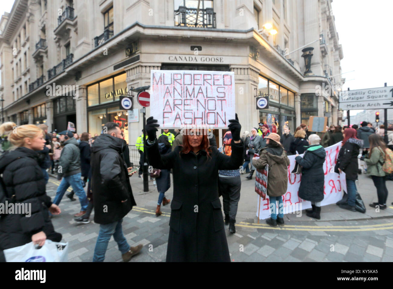 London, UK. 13th Jan, 2018. Anti fur protesters gathered outside Canada  Goose shop in Oxford Street today, to make a vociferous protest at what  they say is the use of, dog fur