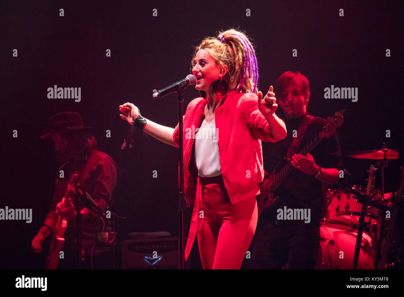 Wetzlar, Germany. 12th Jan, 2018. Natia Todua, Georgian-born singer and winner of German TV-talent-show 'The Voice of Germany 2017', is performing at concert show 'The Voice of Germany - Live in concert' in Rittal-Arena, Wetzlar, Germany. Natia Todua is confirmed as a contestant in Unser Lied für Lissabon, the German national selection for the Eurovision Song Contest 2018. Credit: Christian Lademann Stock Photo