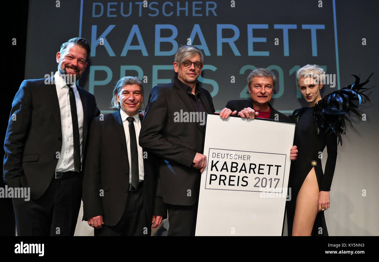 Award winners at the Deutscher Kabarett-Preis 2017 (German Cabaret Awards) ceremony at the Tafelhalle in Nuremberg, Germany, 13 Janaury 2018. Cabarett-Duo ONKeL fISCH, Adrian Engels and Markus Riedinger, (l-r, special award), artist Mathias Tretter (main award), Austrian cabaret performer Alfred Dorfer (last year's award winner) and Austrian caberet performer Lisa Eckhart (Foerderpreis award). Tretter won the main award worth 6,000 euros. Photo: Daniel Karmann/dpa Stock Photo