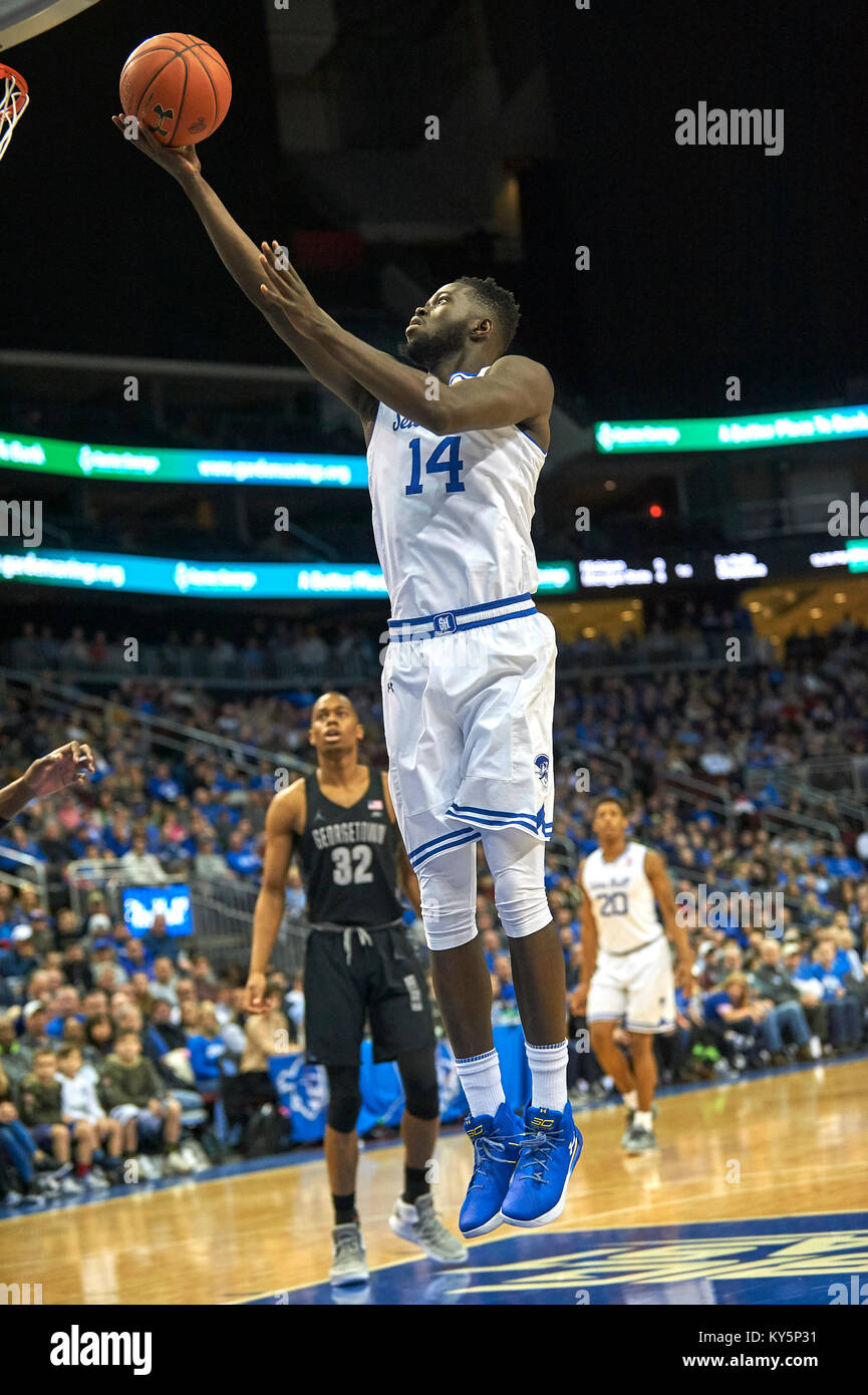 Newark, New Jersey, USA. 13th Jan, 2018. Seton Hall Pirates forward Ismael  Sanogo (14) scores on a lay up in the first half during NCAA Men's action  between the Seton Hall Pirates