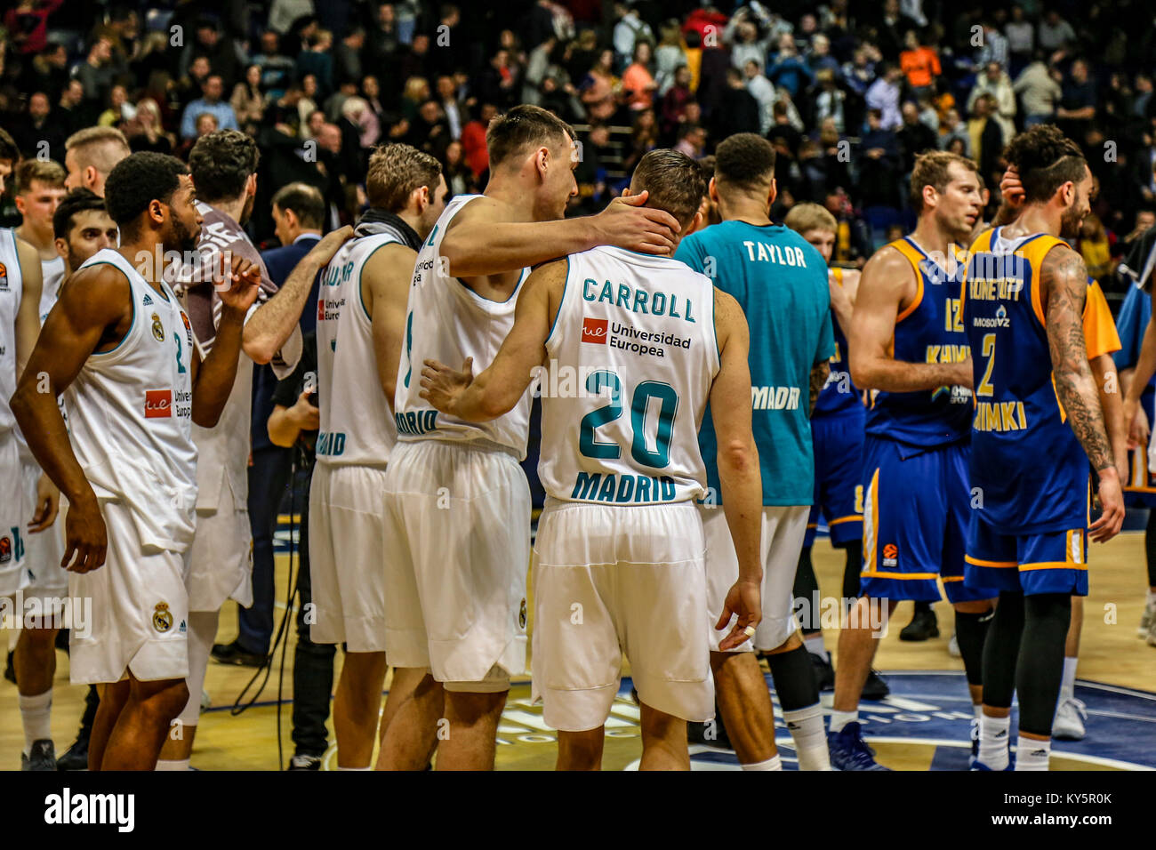 Moscow, Russia. 12th Jan, 2018. Jaycee Carroll, #20 of Real Madrid and Jonas Maciulis, #8 of Real Madrid celebrate victory during the 2017/2018 Turkish Airlines EuroLeague Regular Season Round 17 game between Khimki Moscow Region and Real Madrid at Arena Mytishchi. Credit: Nicholas Muller/SOPA/ZUMA Wire/Alamy Live News Stock Photo