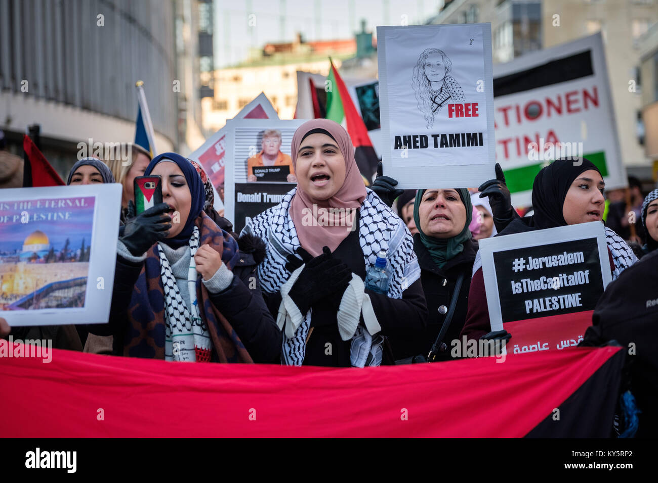January 7, 2018 - MalmÃ, SkÃ¥ne, Sweden - Protester seen shouting slogans as the march down the street.Demonstration of protest against the decision of Donald Trump, in violation of the international right, to recognize Jerusalem as capital of Israel hosted in the city of Malmo. Credit: Magnus Persson/SOPA/ZUMA Wire/Alamy Live News Stock Photo
