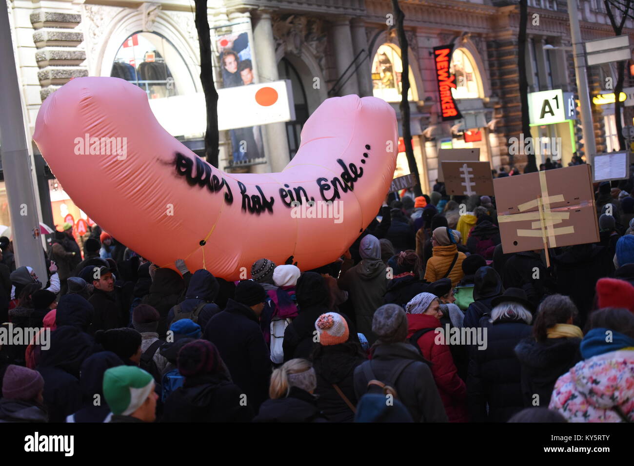 Vienna, Austria. 13th Jan, 2018. protesters during an anti-government demonstration. the sign reads 'everything has an end'. Credit: Vincent Sufiyan/Alamy Live News Stock Photo