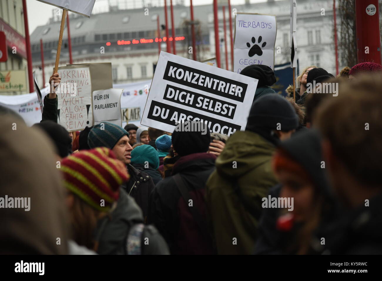 Vienna, Austria. 13th Jan, 2018. protesters on Vienna's main shopping street holding a sign critizing remarks made by Herbert Kickl, Austria's interior minister. Credit: Vincent Sufiyan/Alamy Live News Stock Photo