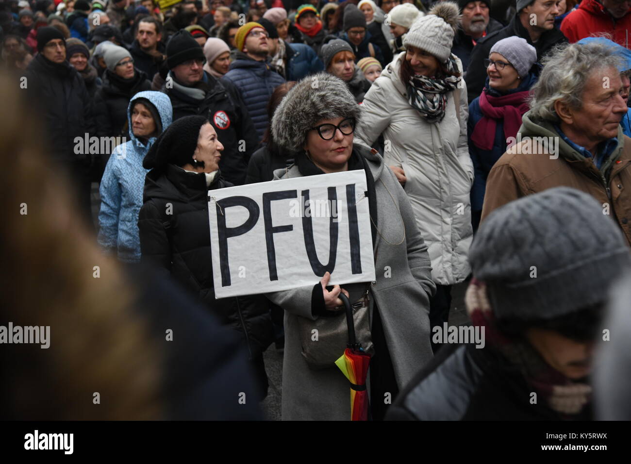 Vienna, Austria. 13th Jan, 2018. female protester holding a sign with a common german expression for disgust during an anti-government demonstration. Credit: Vincent Sufiyan/Alamy Live News Stock Photo