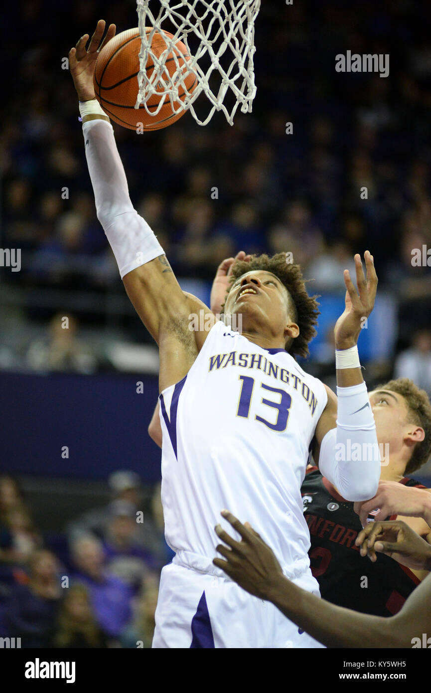 Seattle, WA, USA. 13th Jan, 2018. UW forward Hameir Wright (13) grabs a defensive rebound during a PAC12 basketball game between the Washington Huskies and Stanford Cardinal. The Cardinal won the game 73-64. The game was played at Hec Ed Pavilion in Seattle, WA. Jeff Halstead/CSM/Alamy Live News Stock Photo