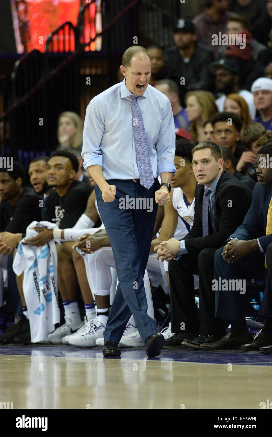Seattle, WA, USA. 13th Jan, 2018. Washington Head Coach Mike Hopkins showing his intensity during a PAC12 basketball game between the Washington Huskies and Stanford Cardinal. The game was played at Hec Ed Pavilion in Seattle, WA. Jeff Halstead/CSM/Alamy Live News Stock Photo
