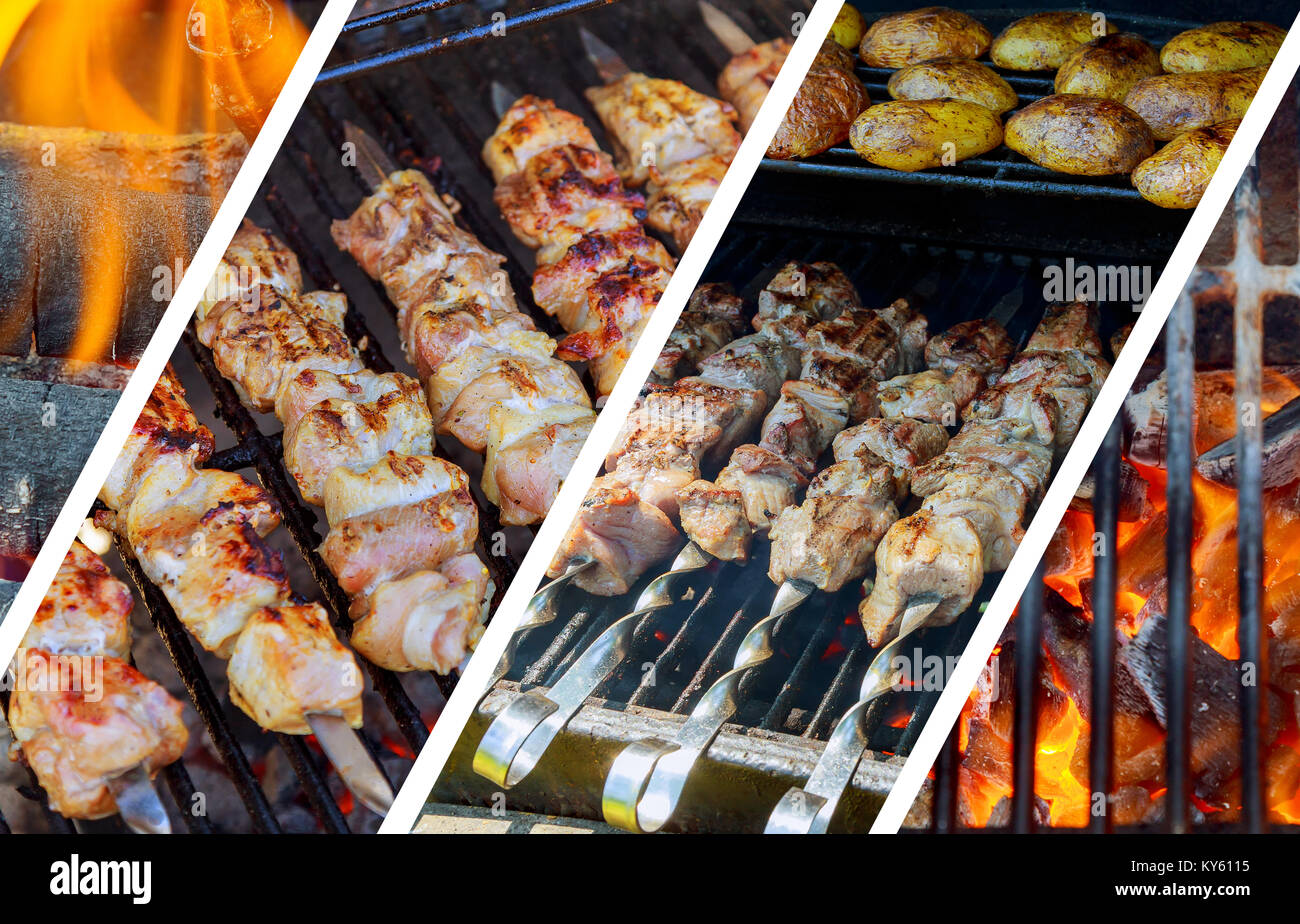 Barbecue Kebabs On The Hot Grill Closeup.photo collage Flames of Fire