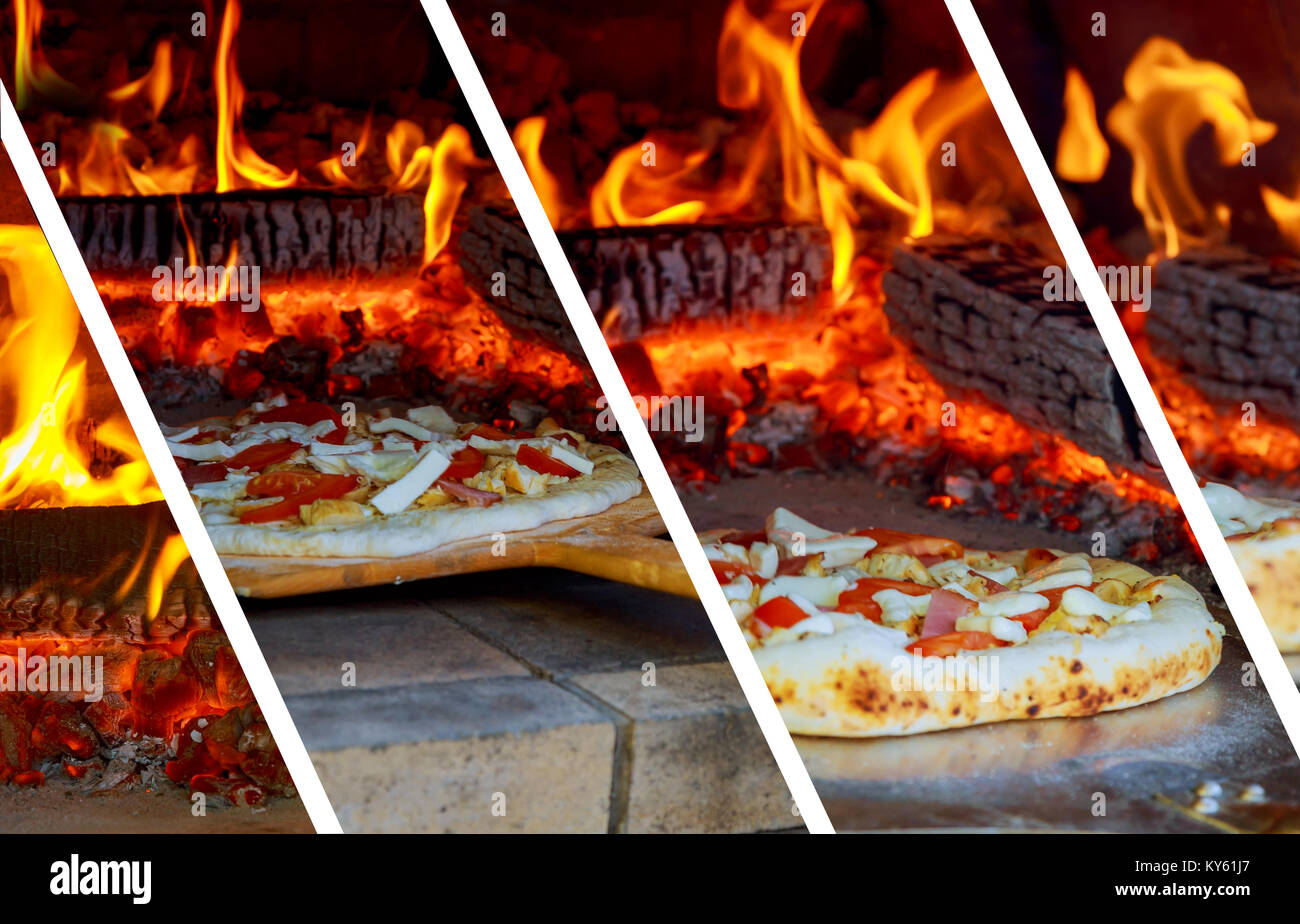 Close up pizza in firewood oven with flame behind photo collage Stock Photo  - Alamy