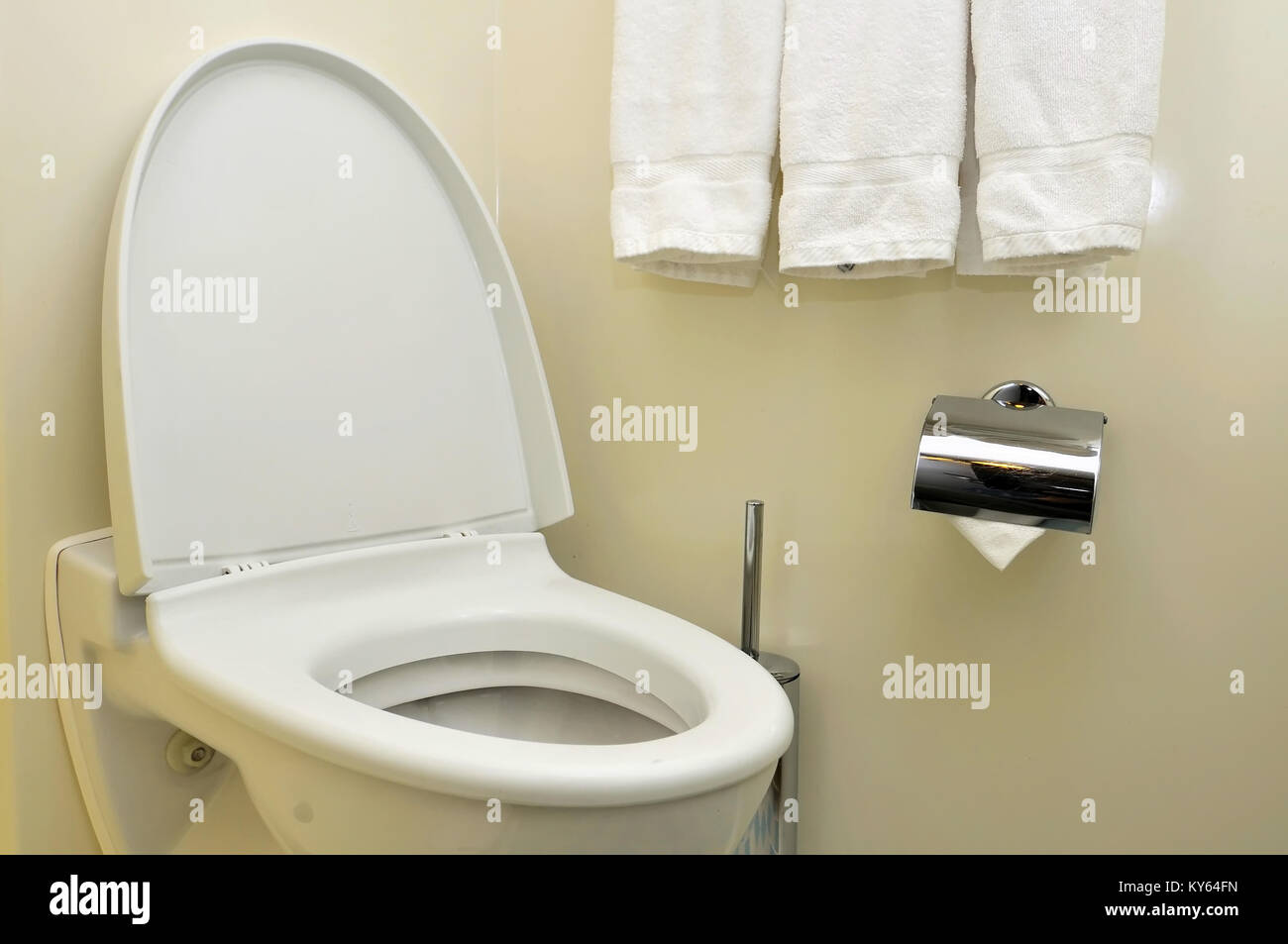 Closeup of generic white toilet seat and bowl. For hygiene and cleanliness concepts. Stock Photo