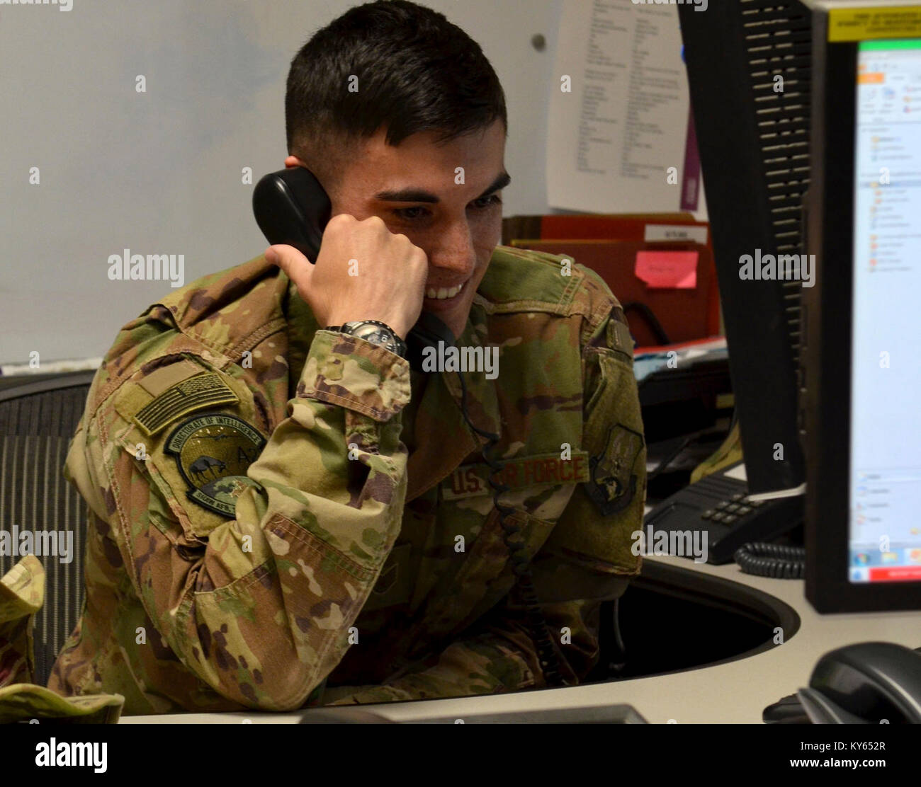 Secretary of the Air Force Heather Wilson notifies Staff Sgt. Anthony Segarra, U.S. Air Forces Central Command innovations solutions manager, of his selection to the Senior Leader Enlisted Commissioning Program-Active Duty Scholarship, Dec. 20, 2017. As a result of his selection, Segarra will begin school in South Carolina to finish his degree then commission through Officer Training School. (U.S. Air Force Stock Photo