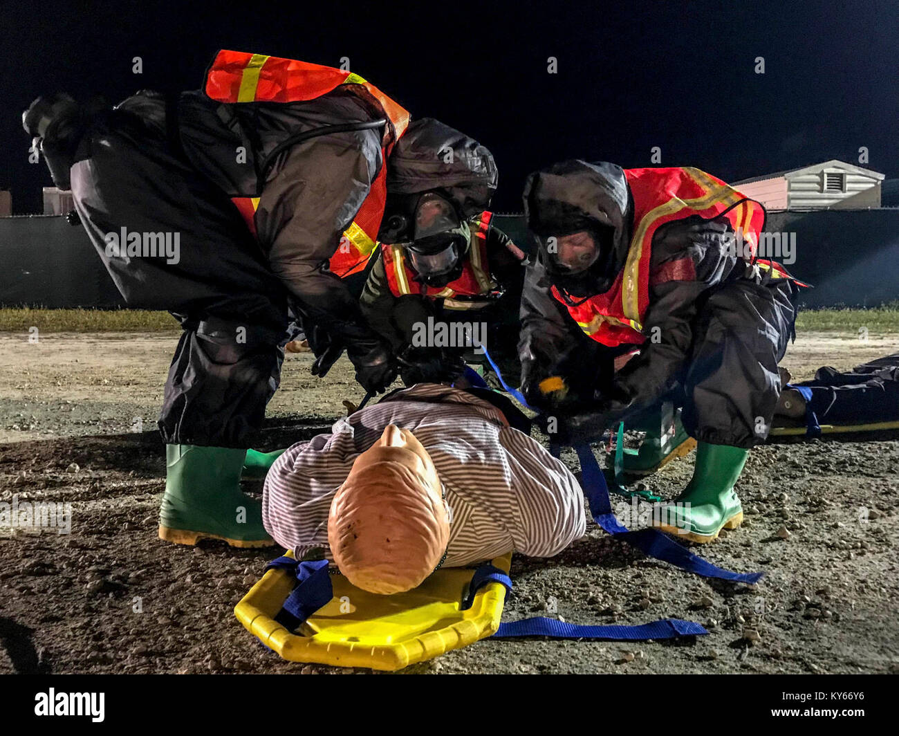 U.S. Army Active Duty, National Guard, and Reserve Soldiers along with local first responders participate in a Mass Casualty Decontamination exercise at the Homestead-Miami Speedway, in Miami-Dade, Florida, Jan. 9, 2018.  This is the 3rd in a series of joint training exercises between Active Duty, Guard, and Reserve Army units and local municipalities across the United States. This JTE focused on the decontamination and transportation of casualties in a simulated mass chemical attack. (DoD Stock Photo