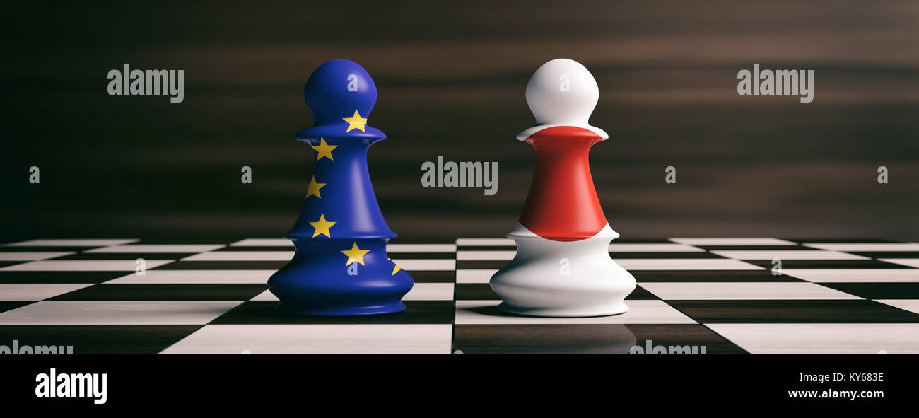 Japan and EU cooperation concept. Japan and European Union flags on chess pawns soldiers on a chessboard. 3d illustration Stock Photo