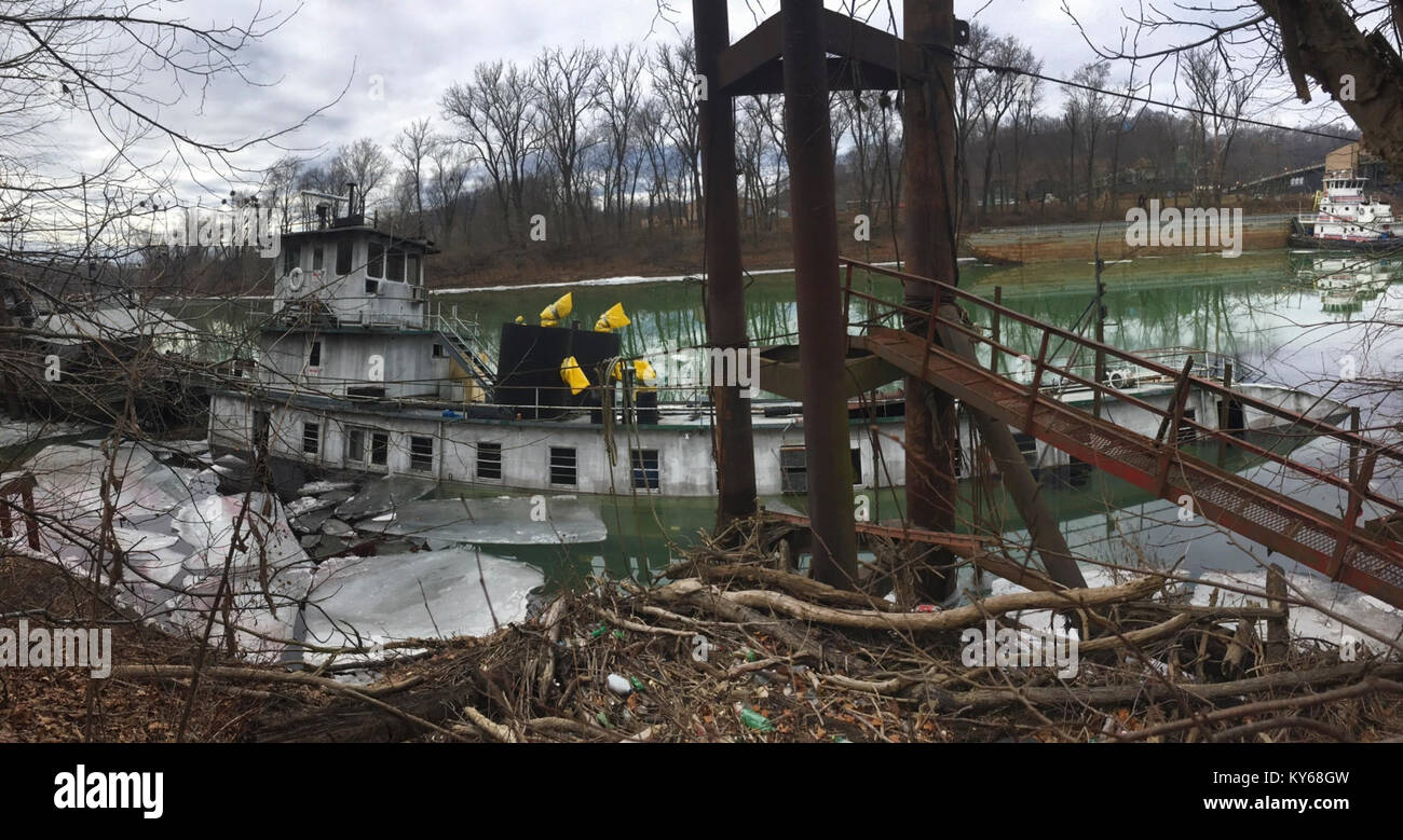 Coast Guard Marine Safety Unit Huntington members are responding to a sunken vessel with reports of discharging product near mile marker 8 on the Big Sandy River near Butler, West Virginia, January 10, 2018.  Marine Safety Unit Huntington watchstanders received a report from the owner of the motor vessel Gate City sinking where it was moored. (U.S. Coast Guard Stock Photo