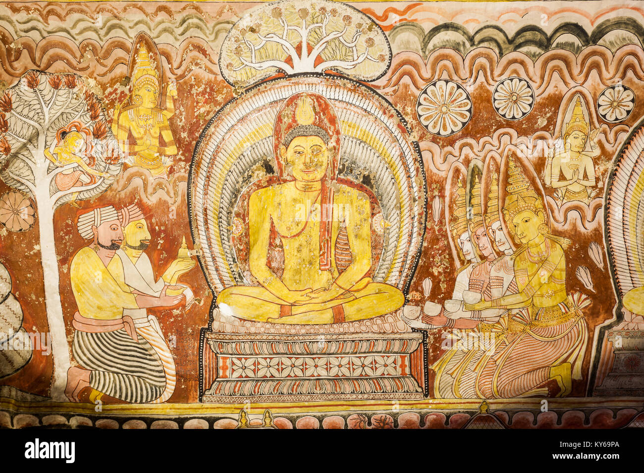 DAMBULLA, SRI LANKA - FEBRUARY 17, 2017: Mural paintings frescoes inside Dambulla Cave Temple. Cave Temple is a World Heritage Site near Dambulla city Stock Photo