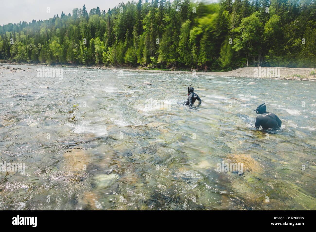 BONAVENTURE, CANADA   JULY 19, 2017. Couple Taking a Snorkeling Break and Looking on the Best Way to go to Avoid Rocks in the Strong River Current Stock Photo