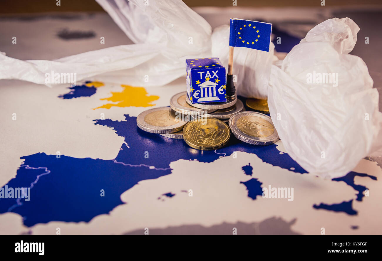 EU map with euro coins and a plastic bag symbolizing european plastic tax regulation.The