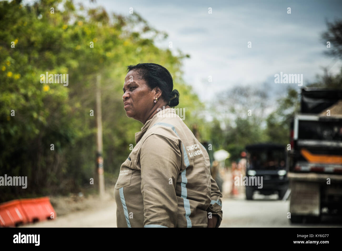 SAN ANDRES ISLAND, Colombia   Circa March 2017. Colombian Road Speed in front of Major Street Construction. Stock Photo