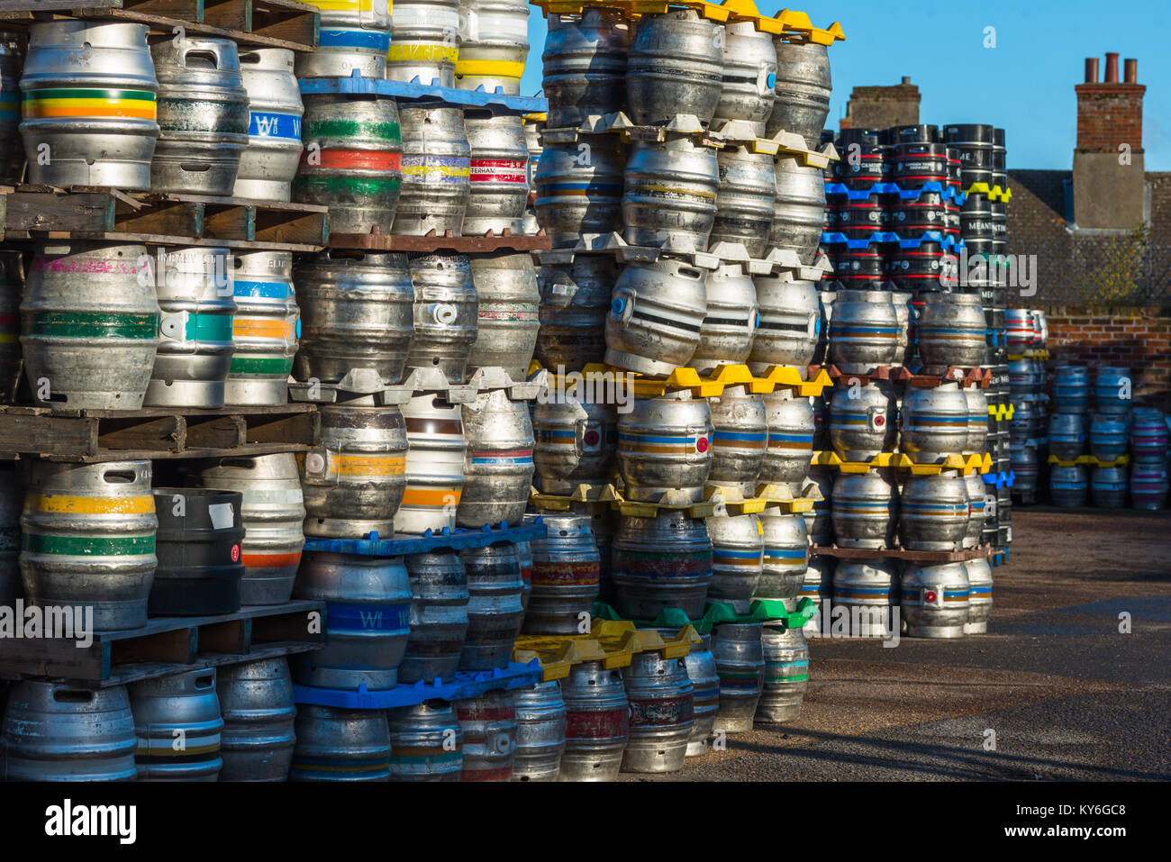 Steel beer barrels at the Greene King brewery, Westgate Street, Bury St