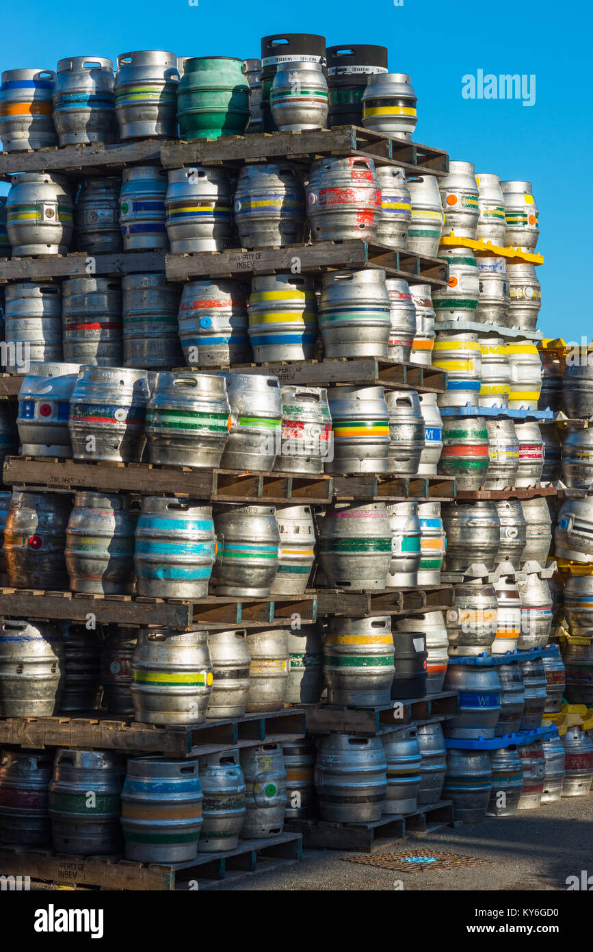 Steel beer barrels at the Greene King brewery,Westgate Street, Bury St