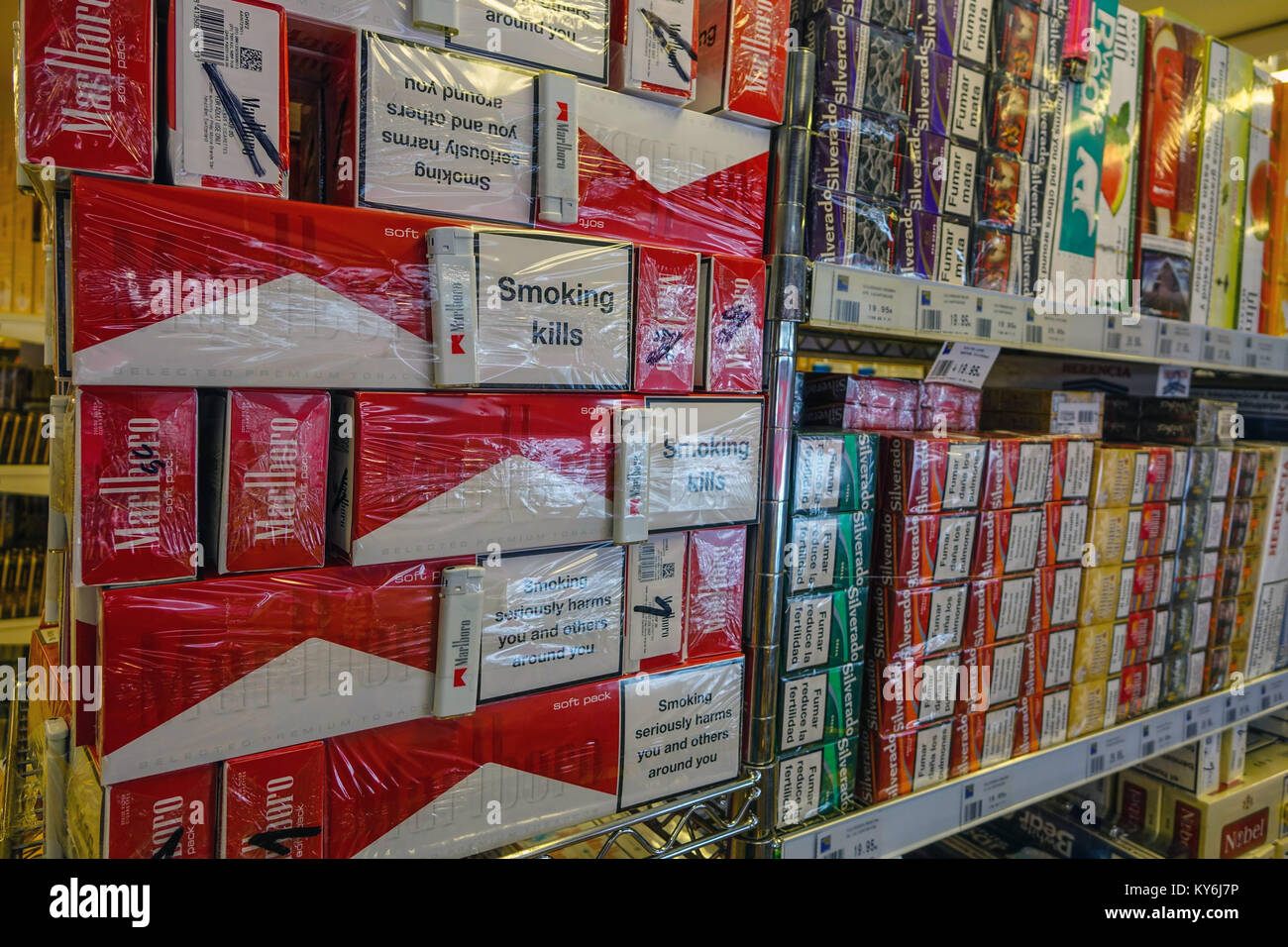 Cigarettes, Tax free, duty free, shopping,Pas de la Casa, Andorra Stock Photo