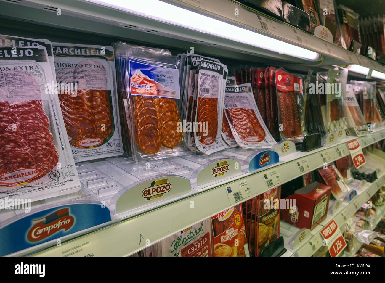 Packed processed meat products in packets, Pas de la Casa, Andorra Stock Photo