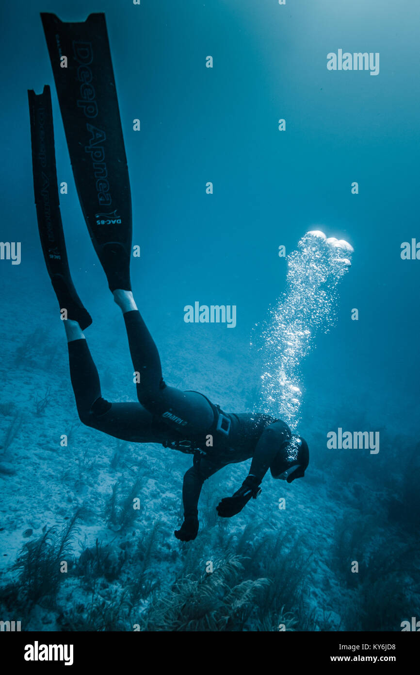 SAN ANDRES ISLAND, Colombia Circa March 2017. Freediving Simulation of