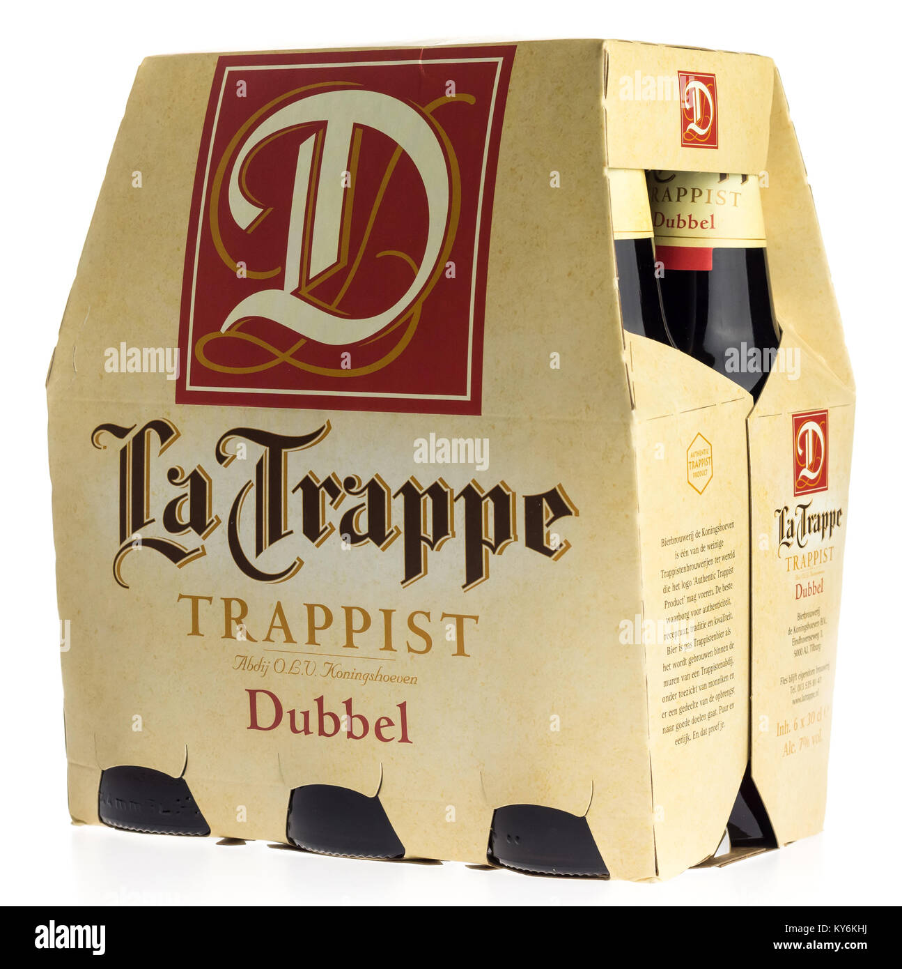 Sixpack of La Trappe Dubbel beer isolated on a white background Stock Photo