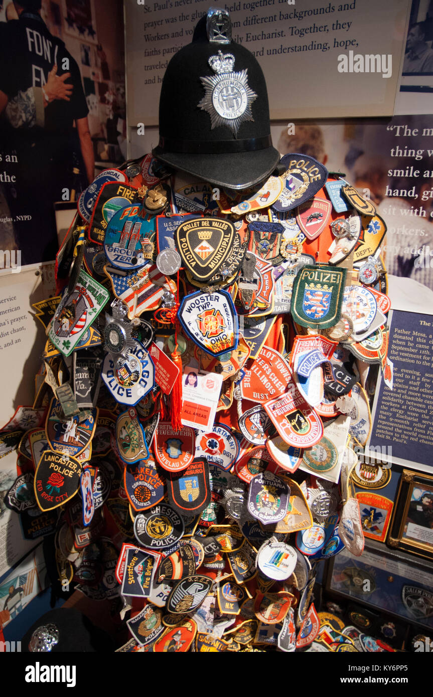 Police and fireman badges. 9 11 Memorial Inside ST PAULS CHAPEL NEW YORK CITY. Stock Photo