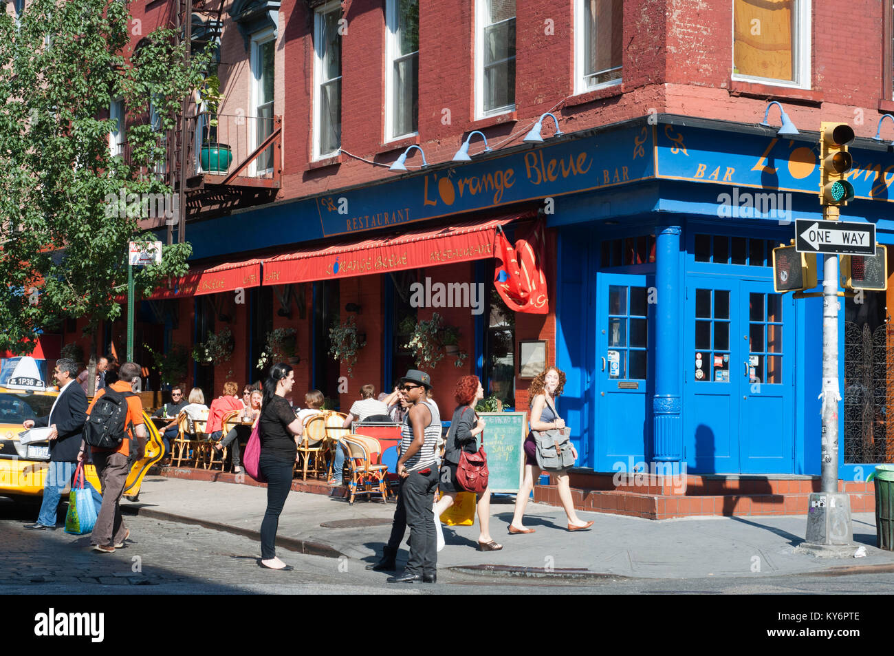 L'Orange Bleue restaurant and building on the corner of Broome Street and Crosby Street, Manhattan, New York City, USA Stock Photo
