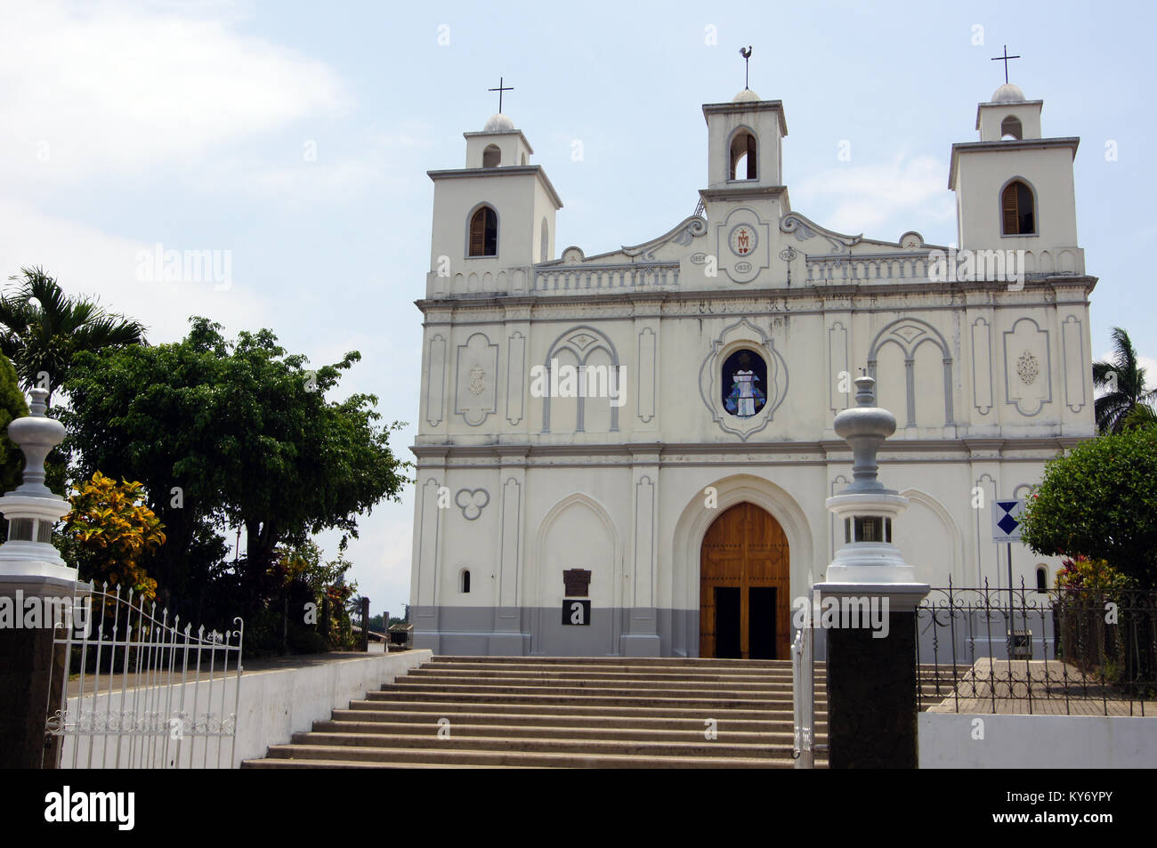 Facade of white church in Ahuachapan in Salvador Stock Photo