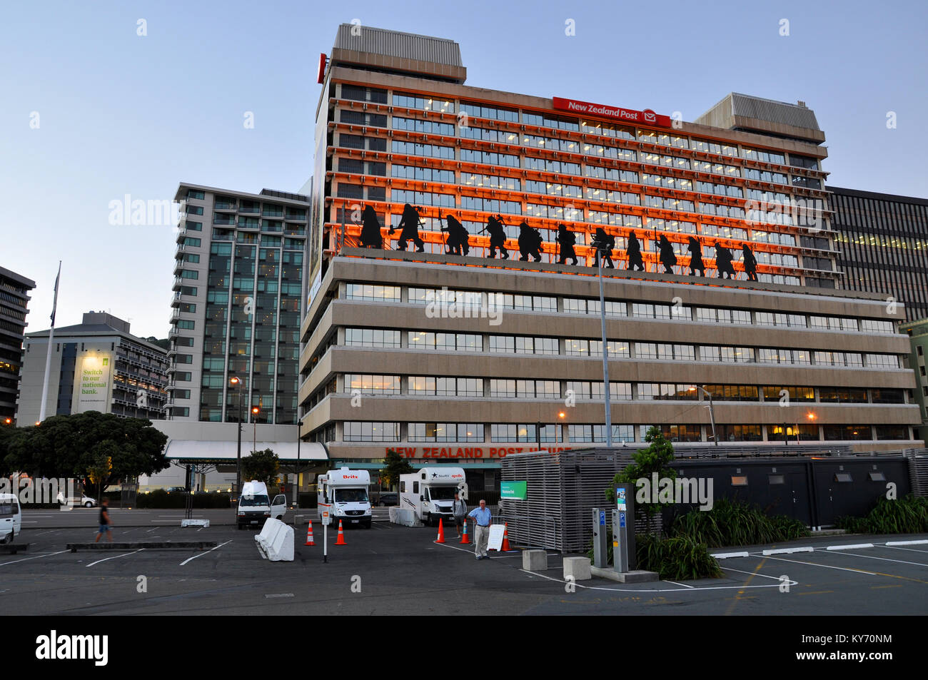New Zealand Post House. Wellington Ferry Terminal Quay area, South Island, NZ, with The Hobbit character silhouettes Stock Photo
