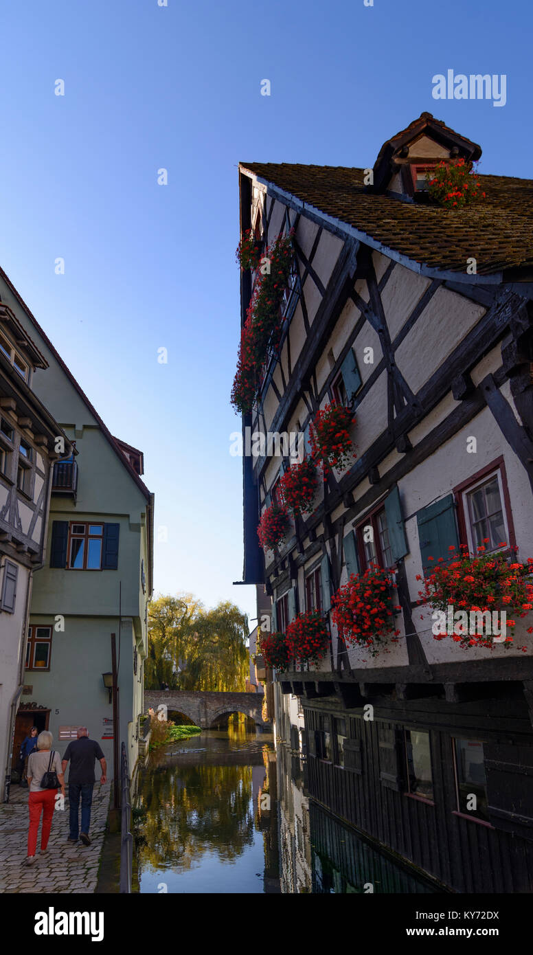 Ulm: Schiefes Haus (crooked house) in Fischerviertel (fishermen's quarter) on the River Blau, with half-timbered houses, Schwäbische Alb, Swabian Alb, Stock Photo