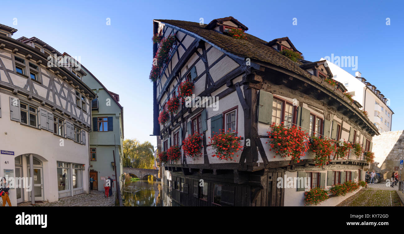 Ulm: Schiefes Haus (crooked house) in Fischerviertel (fishermen's quarter) on the River Blau, with half-timbered houses, Schwäbische Alb, Swabian Alb, Stock Photo